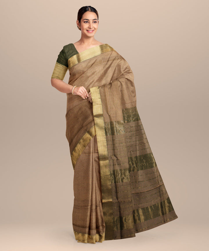 Beige green maheshwari handloom cotton silk saree