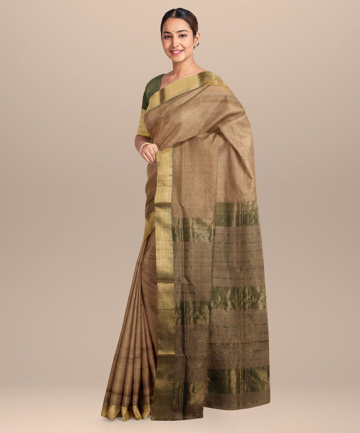 Beige green maheshwari handloom cotton silk saree