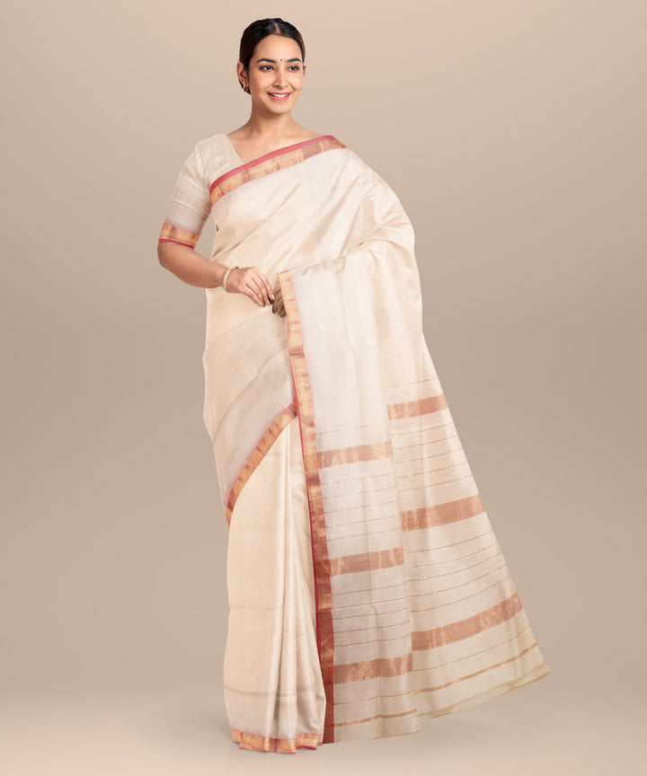 Offwhite red maheshwari handloom cotton silk saree
