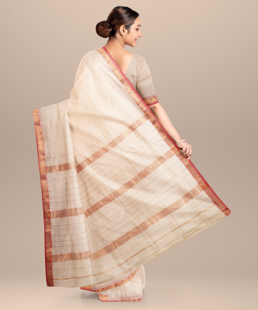Offwhite red maheshwari handloom cotton silk saree