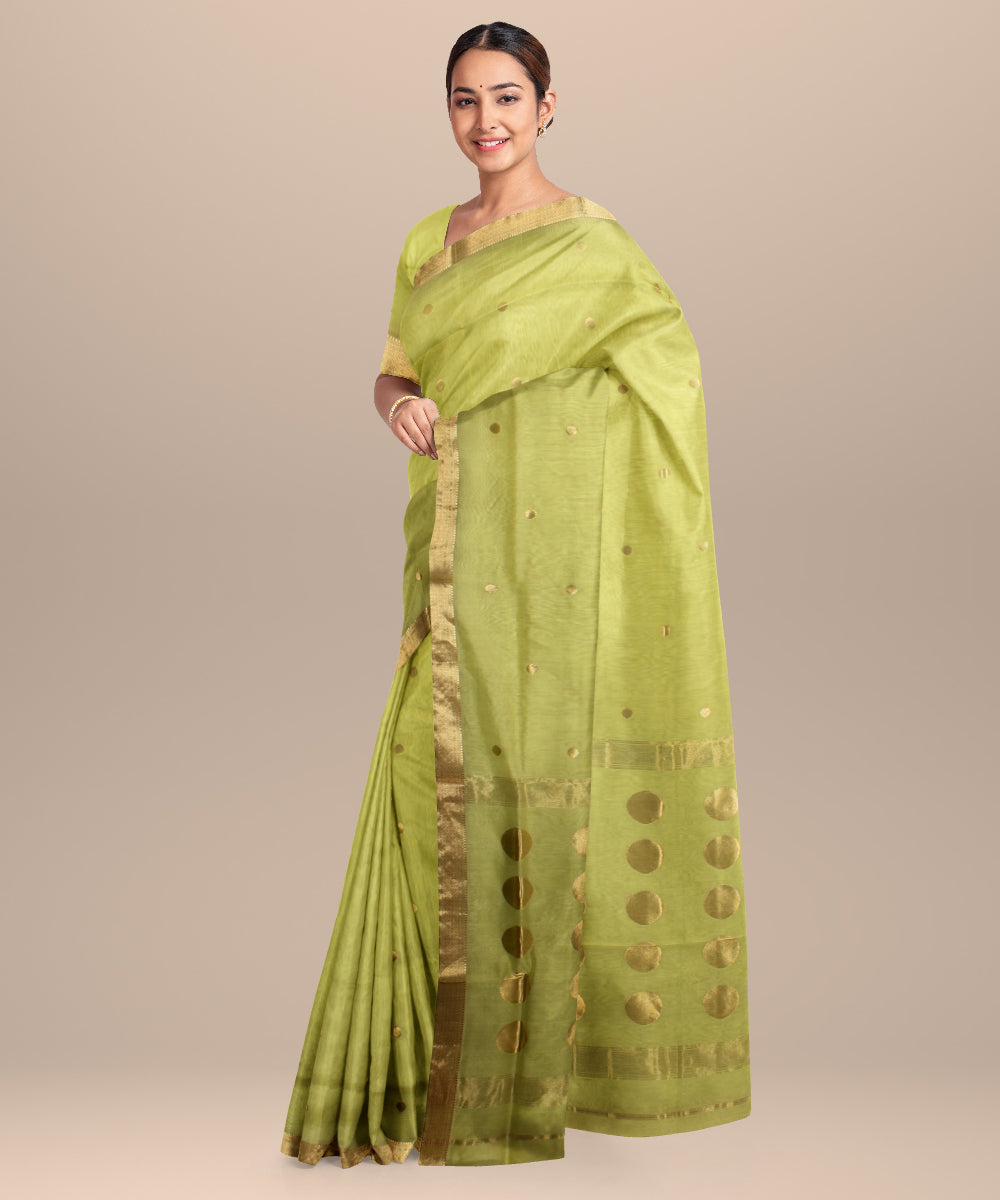 Lemon green maheshwari handloom cotton silk saree