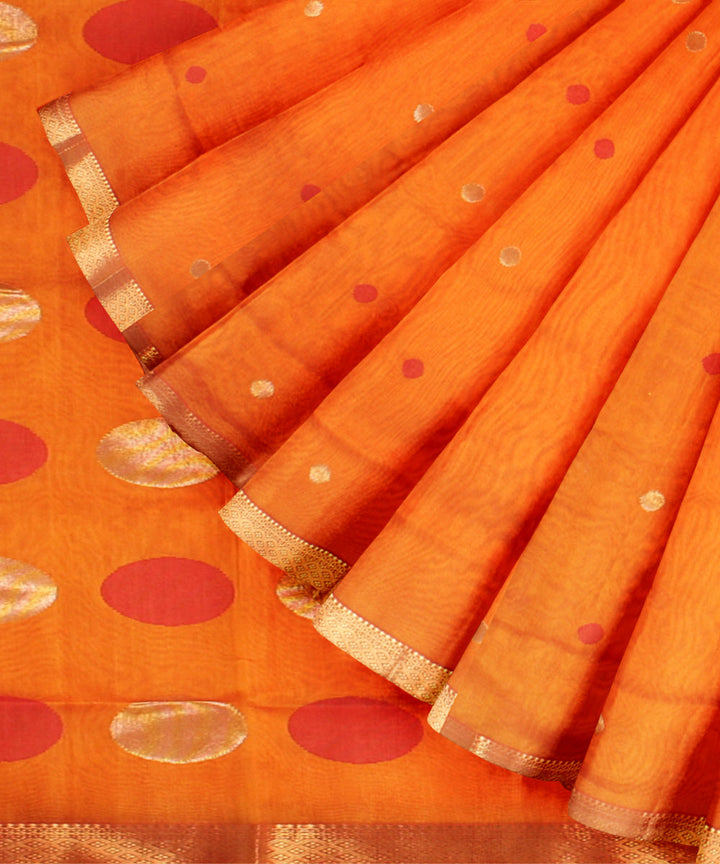 Mustard red maheshwari handloom cotton silk saree