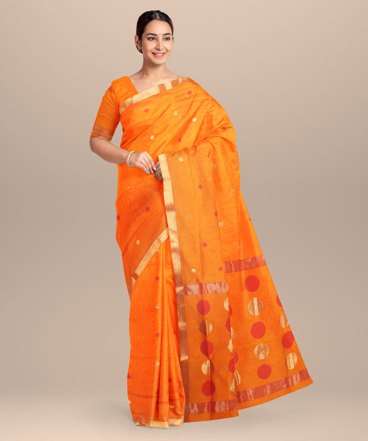 Mustard red maheshwari handloom cotton silk saree