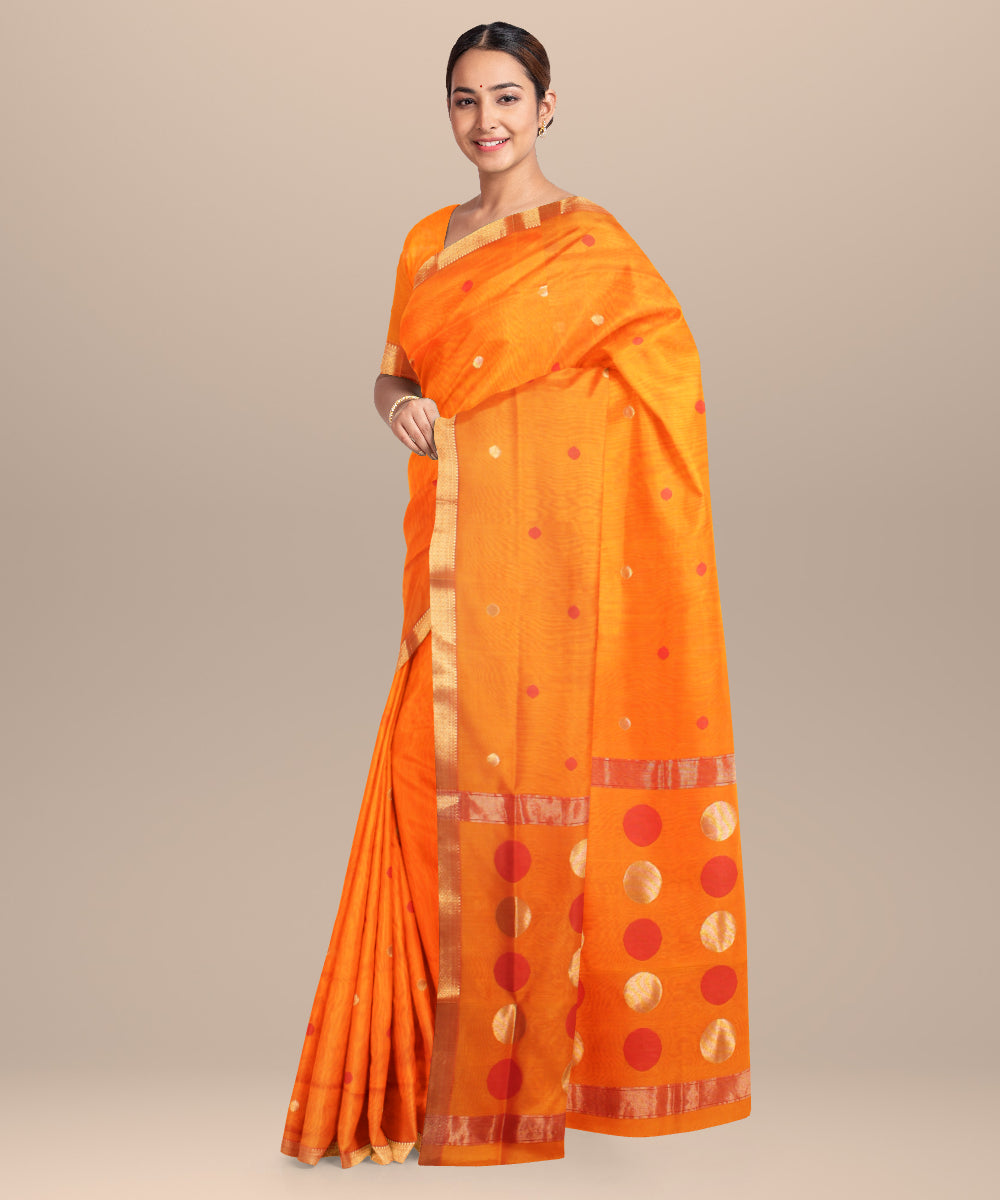 Mustard red maheshwari handloom cotton silk saree