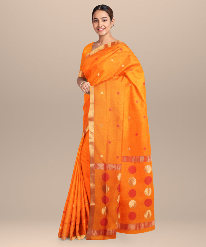 Mustard red maheshwari handloom cotton silk saree