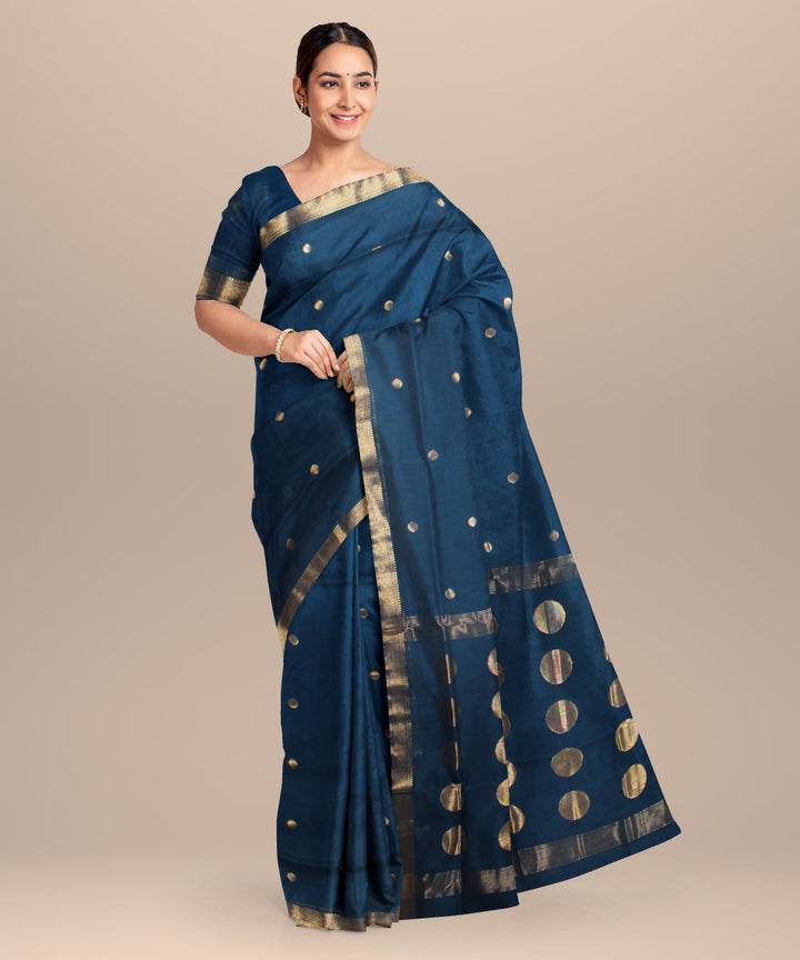 Deep blue maheshwari handloom cotton silk saree
