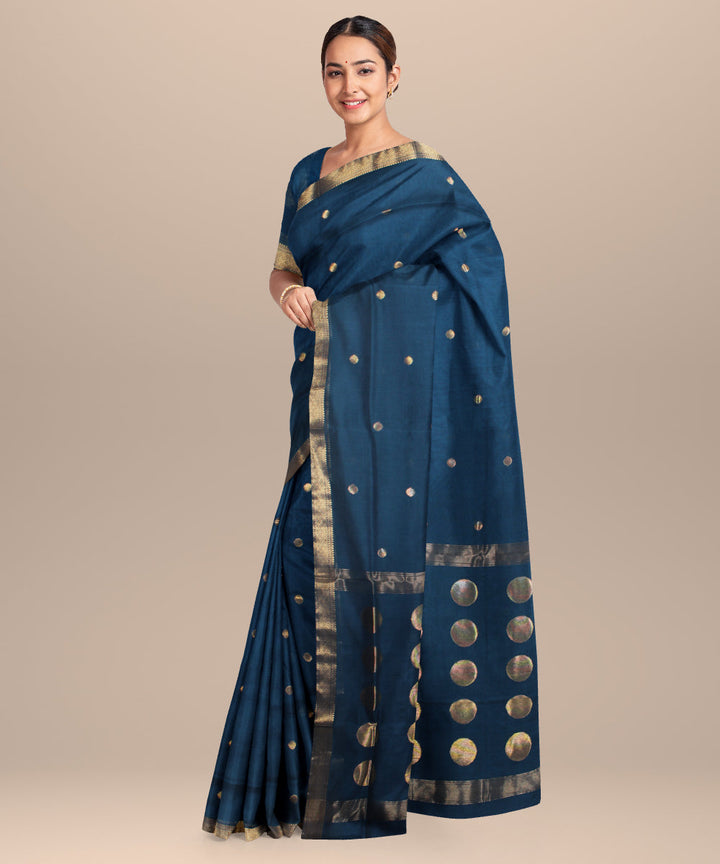Deep blue maheshwari handloom cotton silk saree