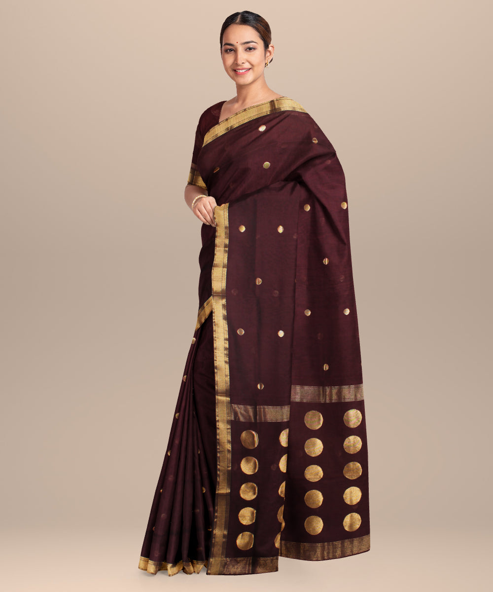 Brown maheshwari handloom cotton silk saree