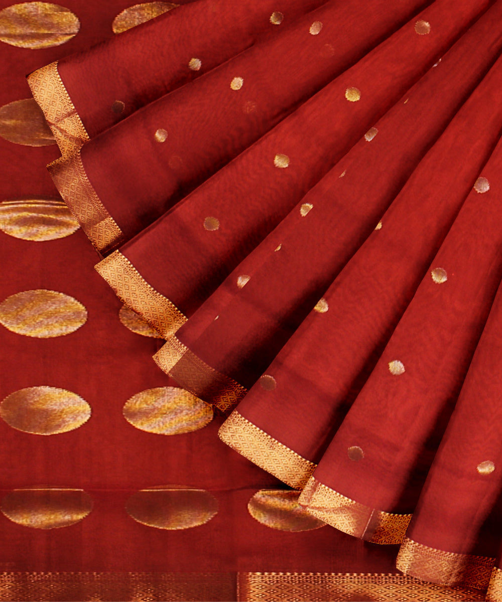 Red maheshwari hand loom cotton silk saree