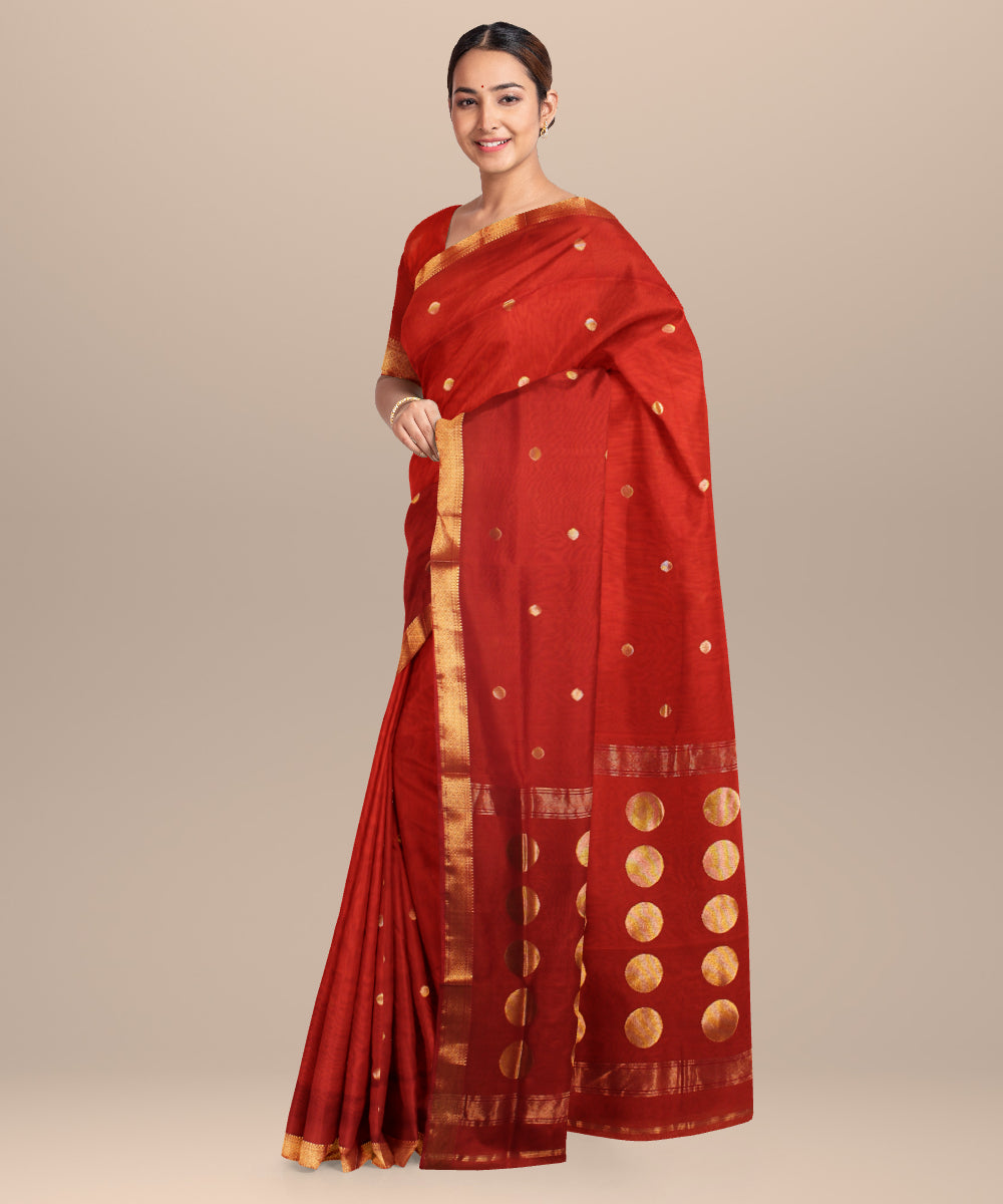 Red maheshwari hand loom cotton silk saree