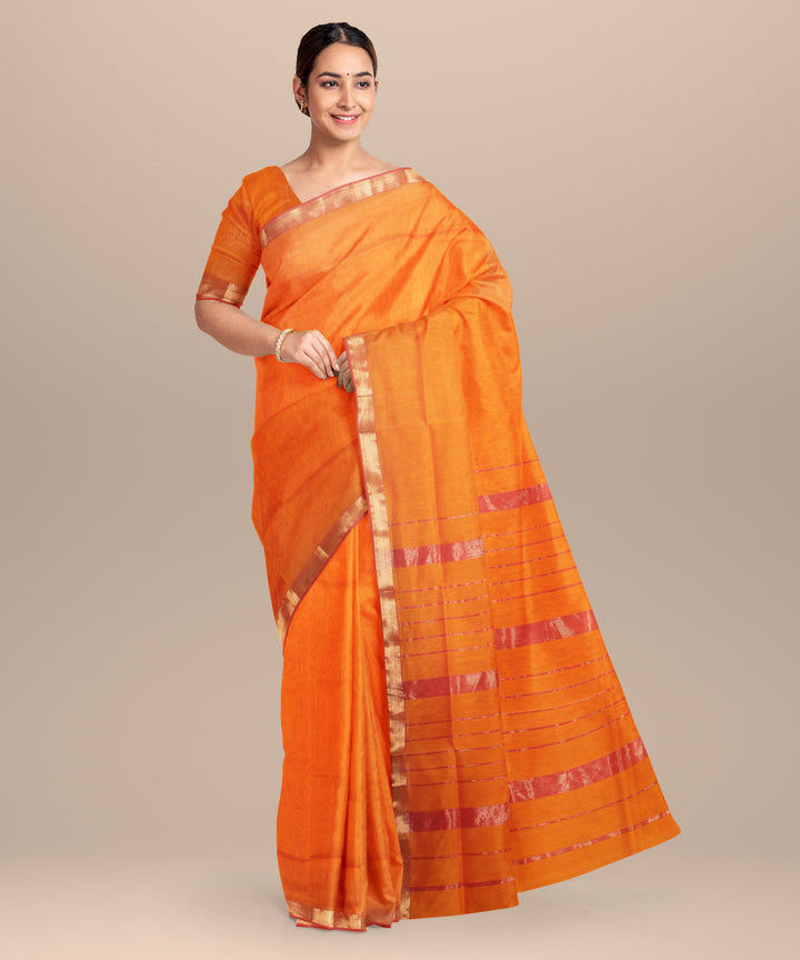 Mustard red handloom maheshwari cotton silk saree