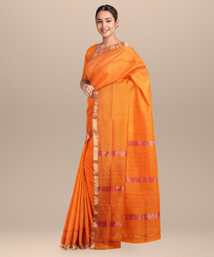 Mustard red handloom maheshwari cotton silk saree