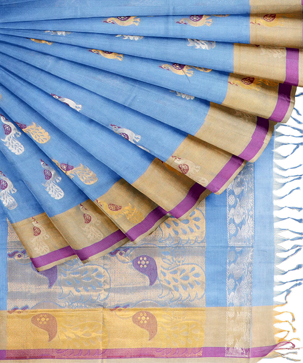 Cyan blue butta rajahmundry handwoven cotton saree