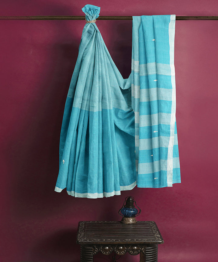 Cyan blue butta handwoven rajahmundry cotton saree