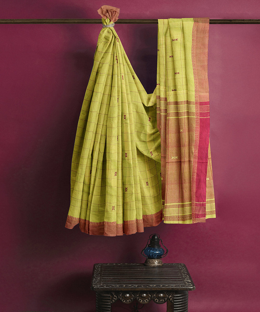 Mehandi green checks butta handwoven rajahmundry cotton saree