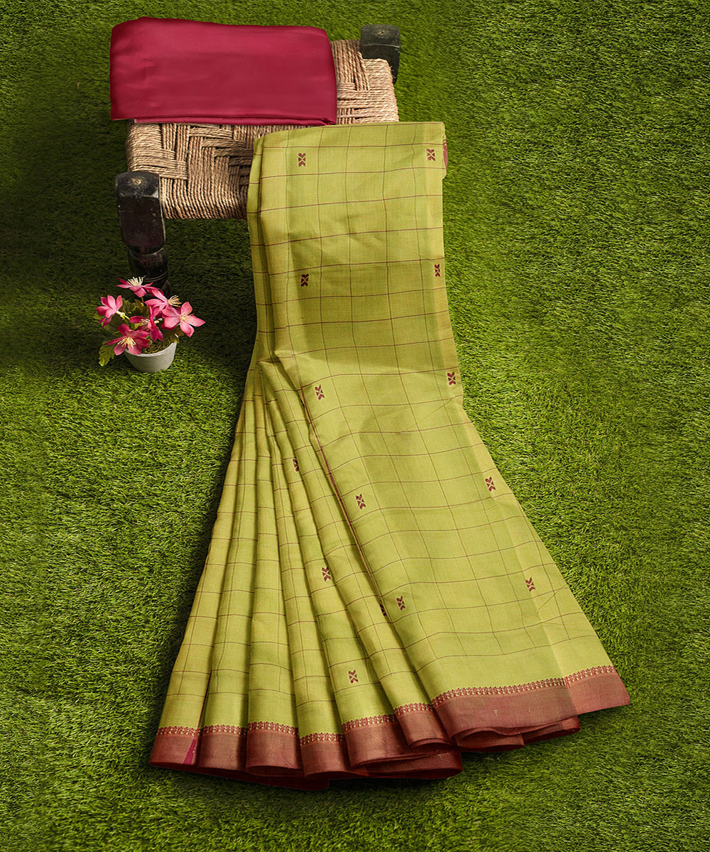 Mehandi green checks butta handwoven rajahmundry cotton saree