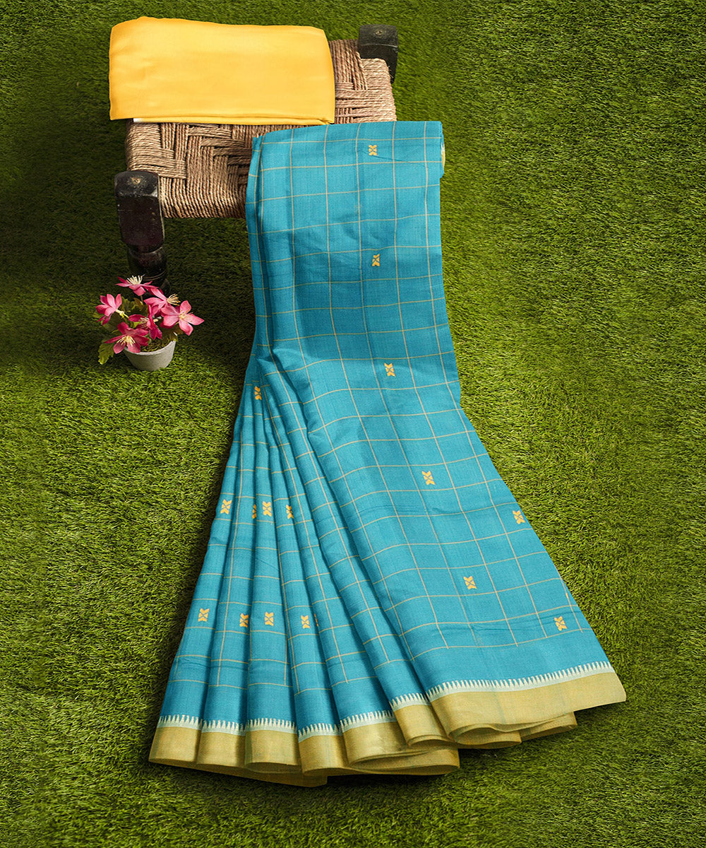 Cyan blue checks butta handwoven rajahmundry cotton saree