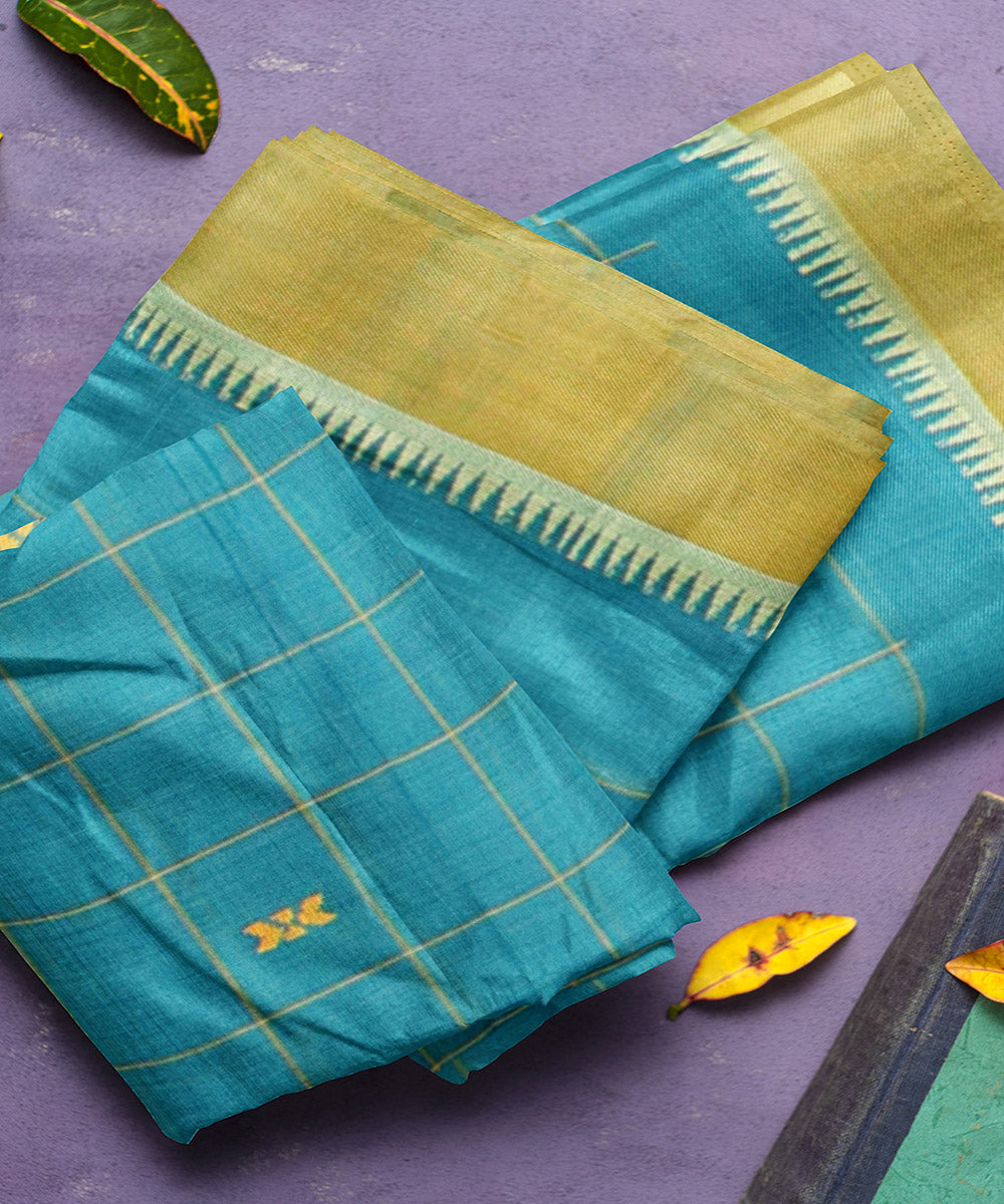 Cyan blue checks butta handwoven rajahmundry cotton saree