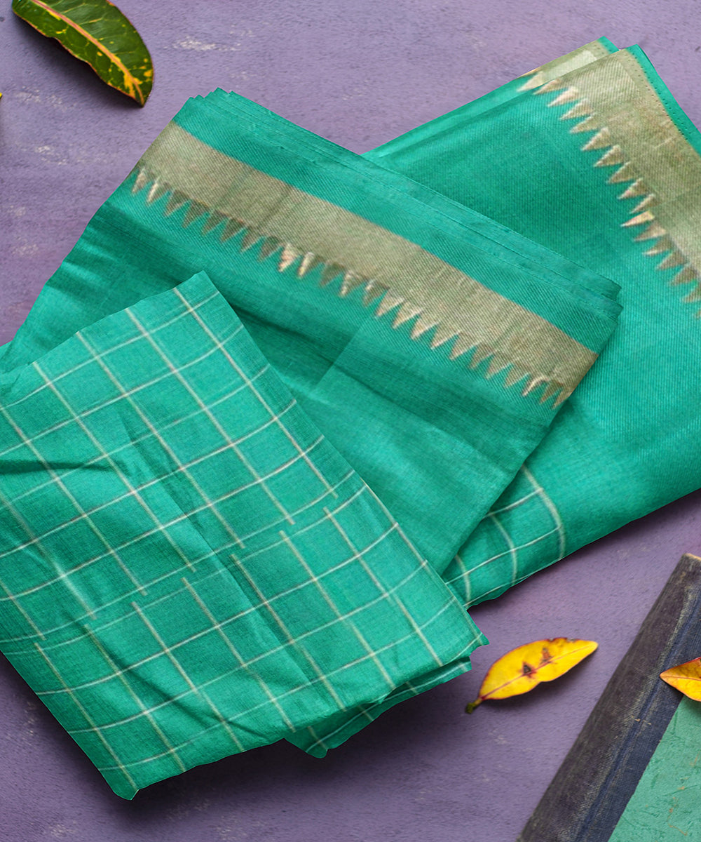 Sea green checks handwoven rajahmundry cotton saree