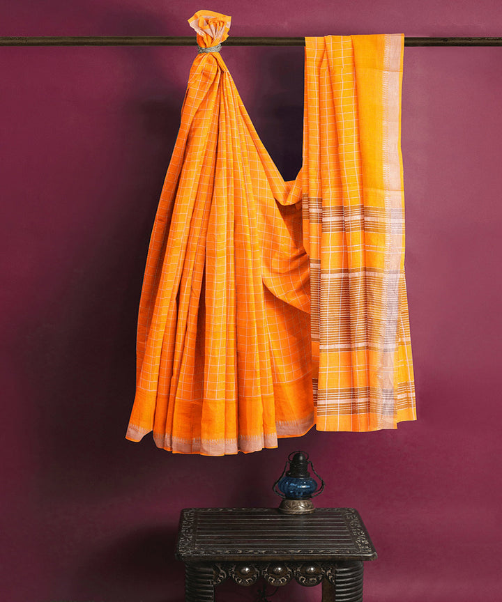 Orange checks handwoven rajahmundry cotton saree
