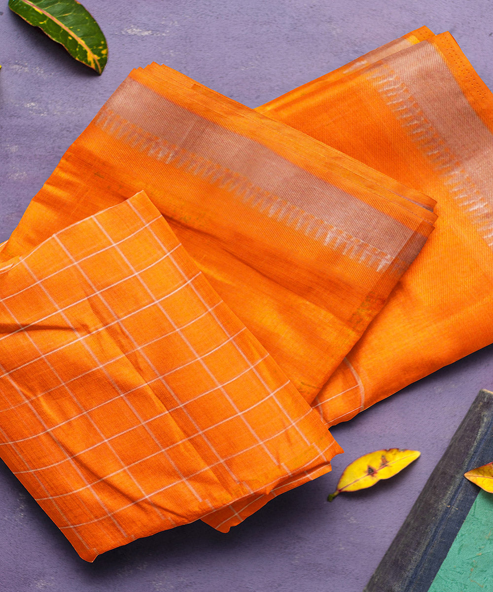 Orange checks handwoven rajahmundry cotton saree