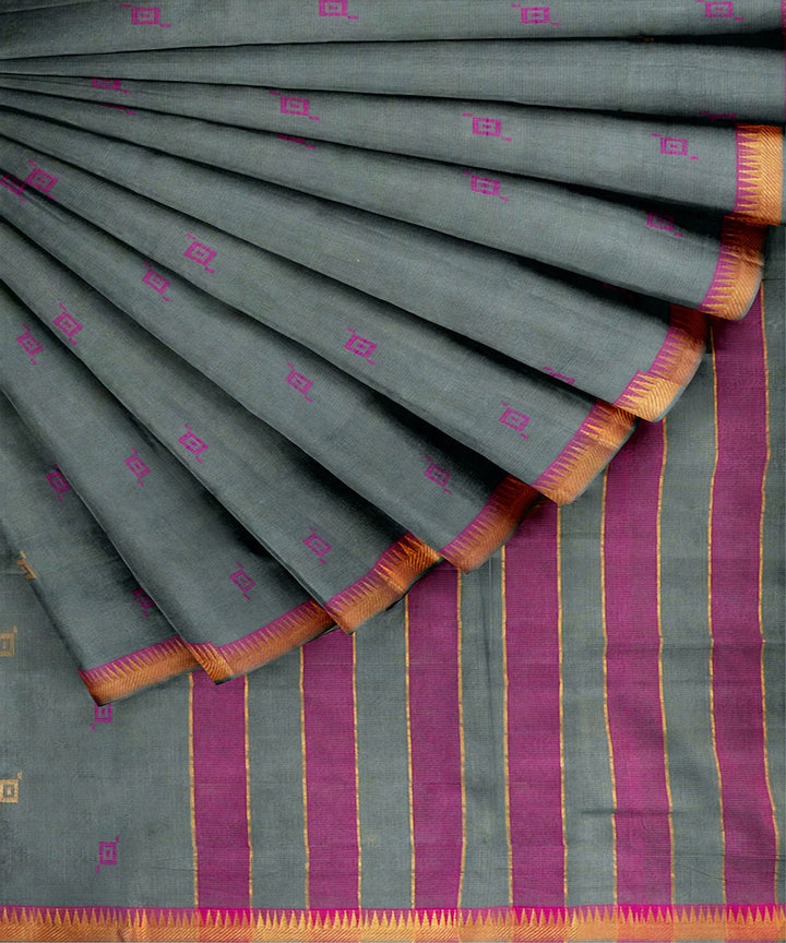 Grey pink plain butta handwoven rajahmundry cotton saree