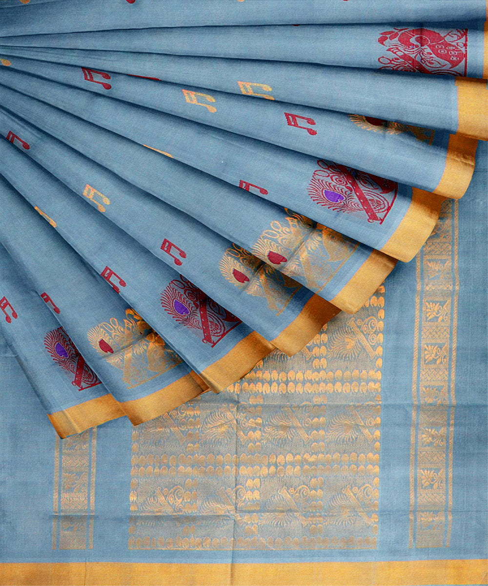 Blue mustard plain butta handwoven rajahmundry cotton saree