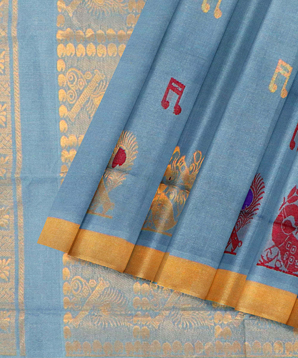 Blue mustard plain butta handwoven rajahmundry cotton saree