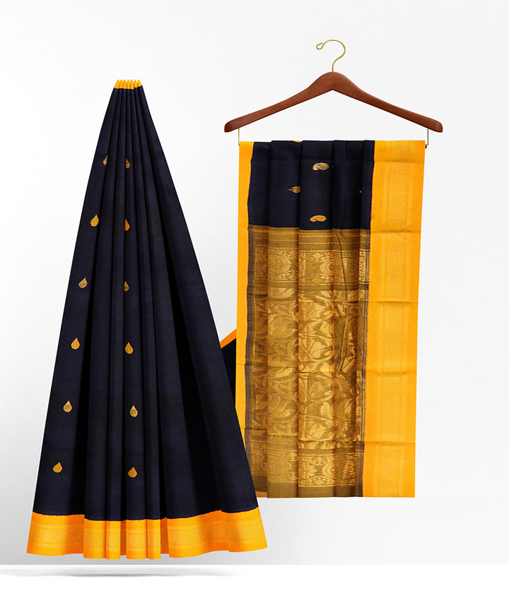 Blue yellow plain butta handwoven rajahmundry cotton saree