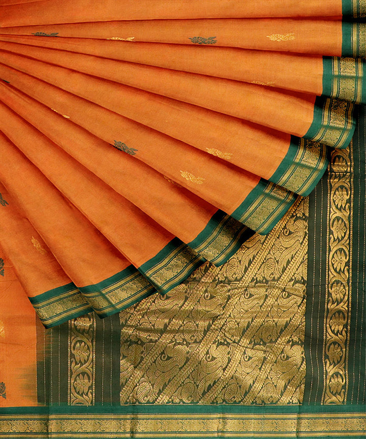 Orange green plain butta handwoven rajahmundry cotton saree