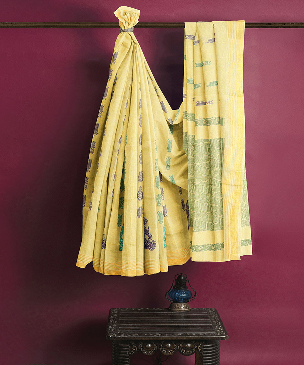 Light yellow plain butta handwoven rajahmundry cotton saree