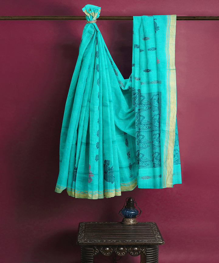 Sea green plain butta handwoven rajahmundry cotton saree