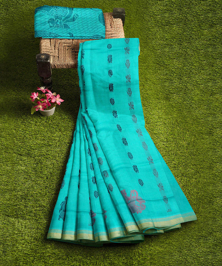 Sea green plain butta handwoven rajahmundry cotton saree