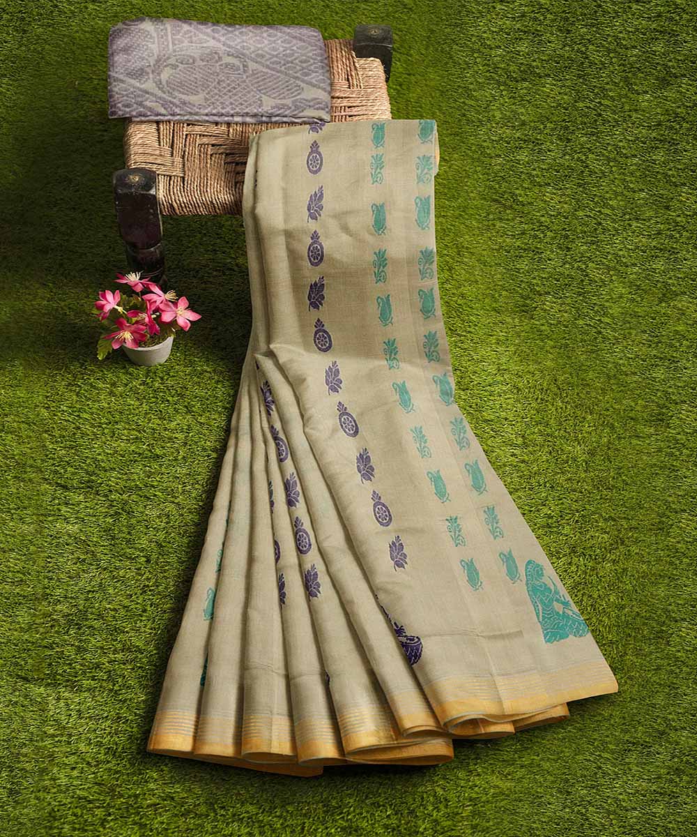 Brown blue plain butta handwoven rajahmundry cotton saree