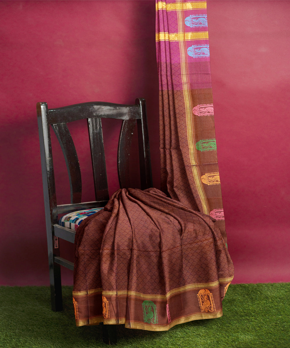Chocolate brown plain butta handwoven rajahmundry cotton saree