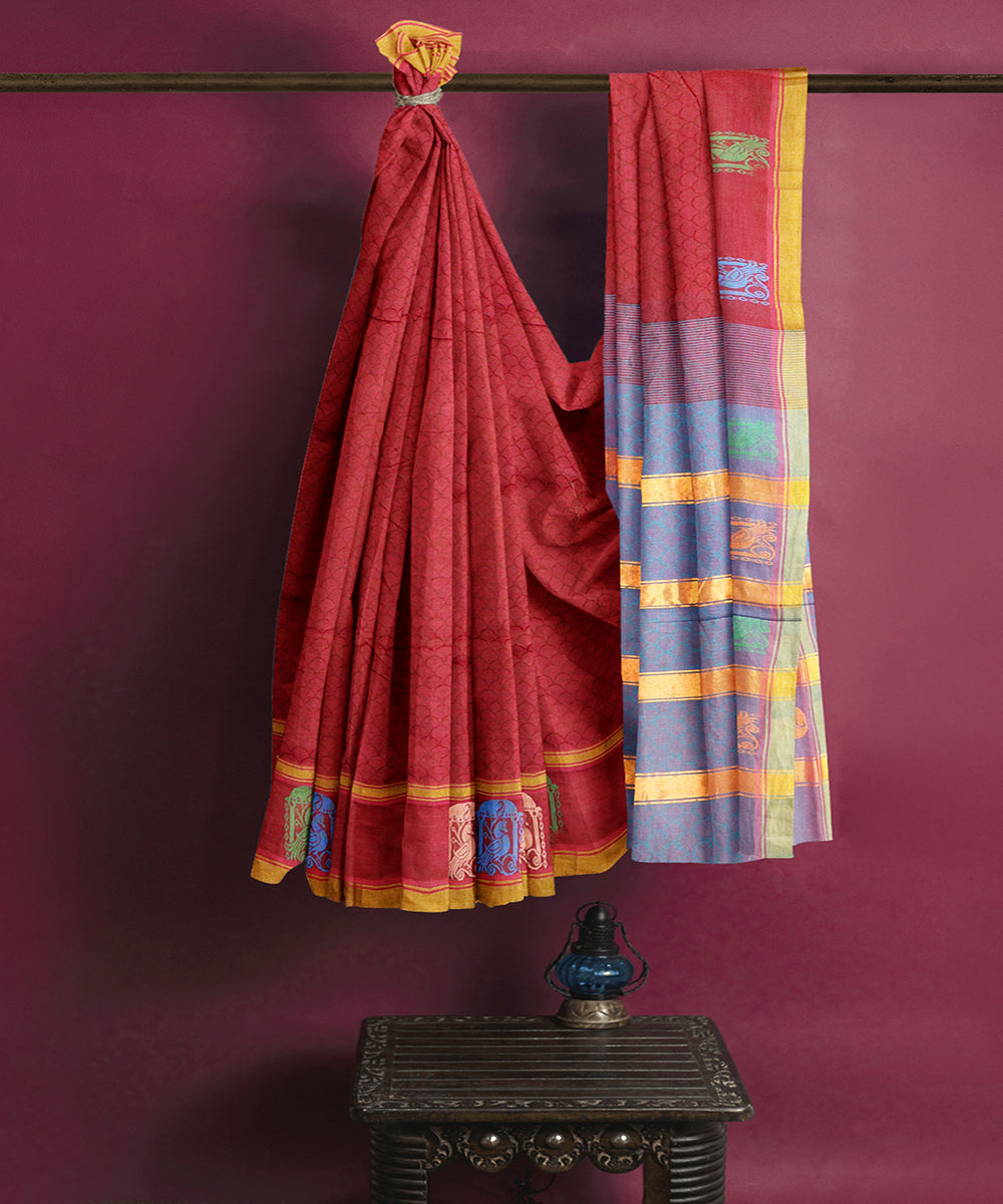Brick red plain butta handwoven rajahmundry cotton saree