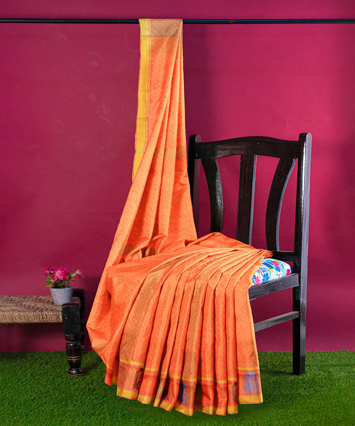 Orange plain butta handwoven rajahmundry cotton saree