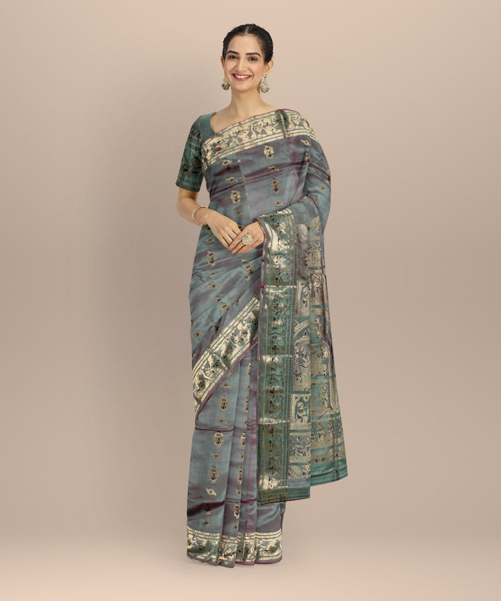 Green golden zari meenakari handloom baluchari silk saree