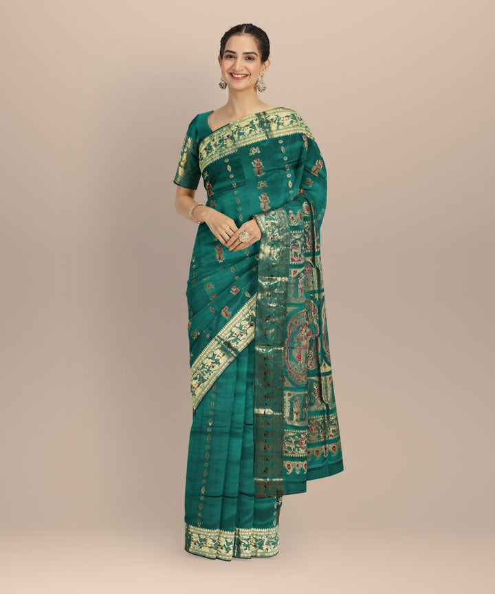 Dark green multi color handwoven meenakari baluchari silk saree