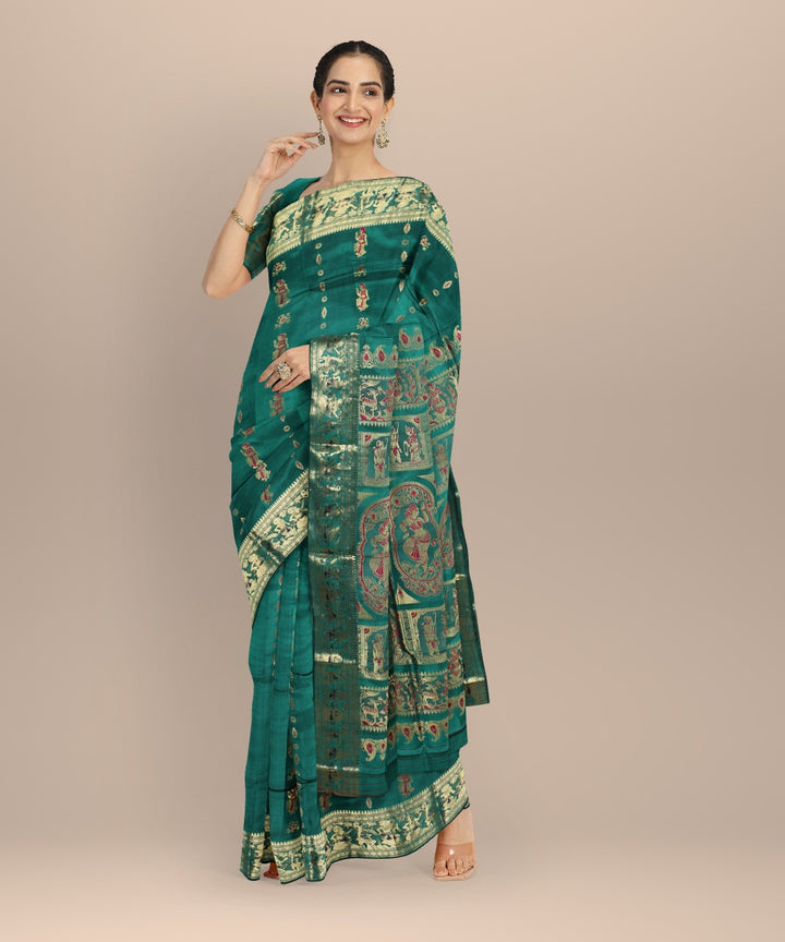 Dark green multi color handwoven meenakari baluchari silk saree