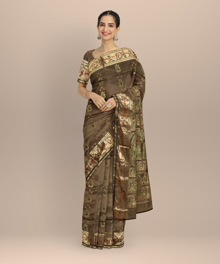 Olive multicolor handwoven meenakari baluchari silk saree
