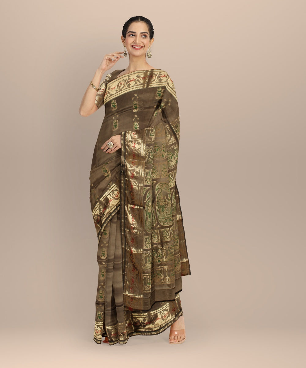 Olive multicolor handwoven meenakari baluchari silk saree