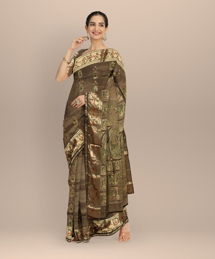 Olive multicolor handwoven meenakari baluchari silk saree