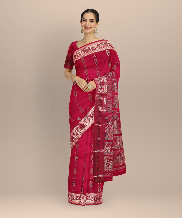 Dark pink golden zari handwoven meenakari baluchari silk saree