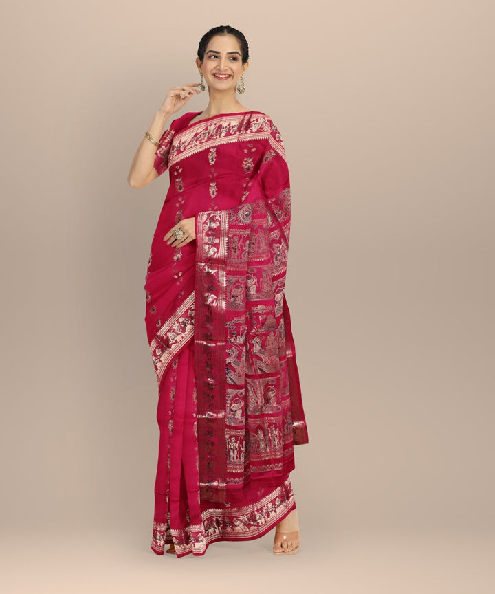 Dark pink golden zari handwoven meenakari baluchari silk saree