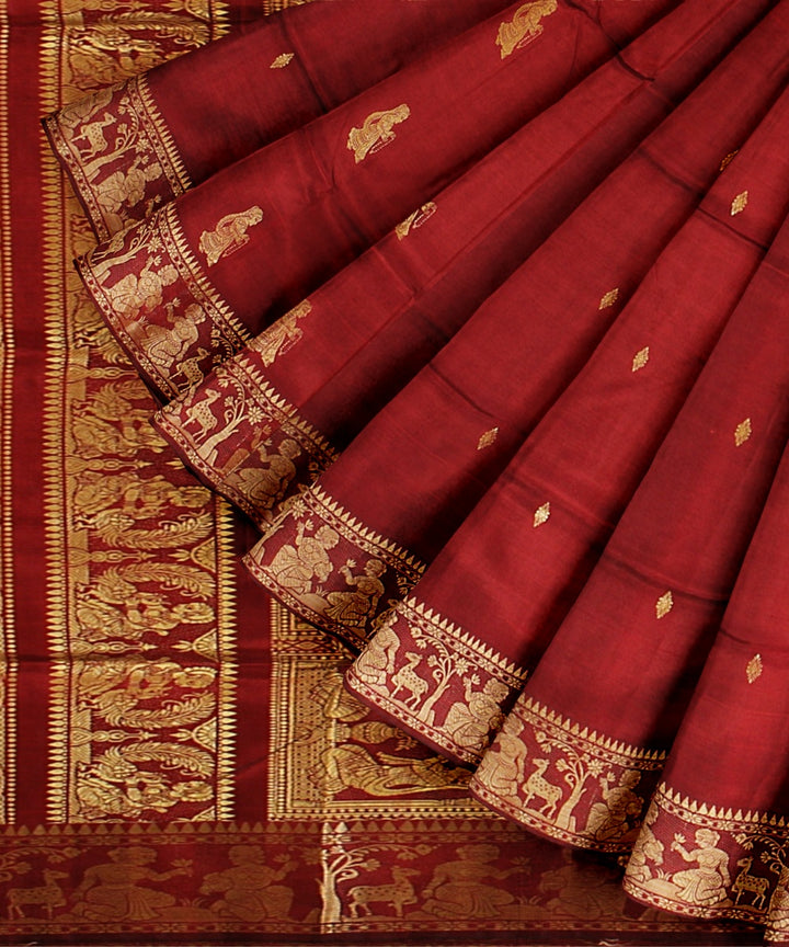 Dark red golden zari handwoven baluchari silk saree