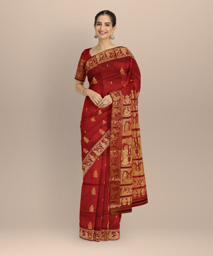 Dark red golden zari handwoven baluchari silk saree