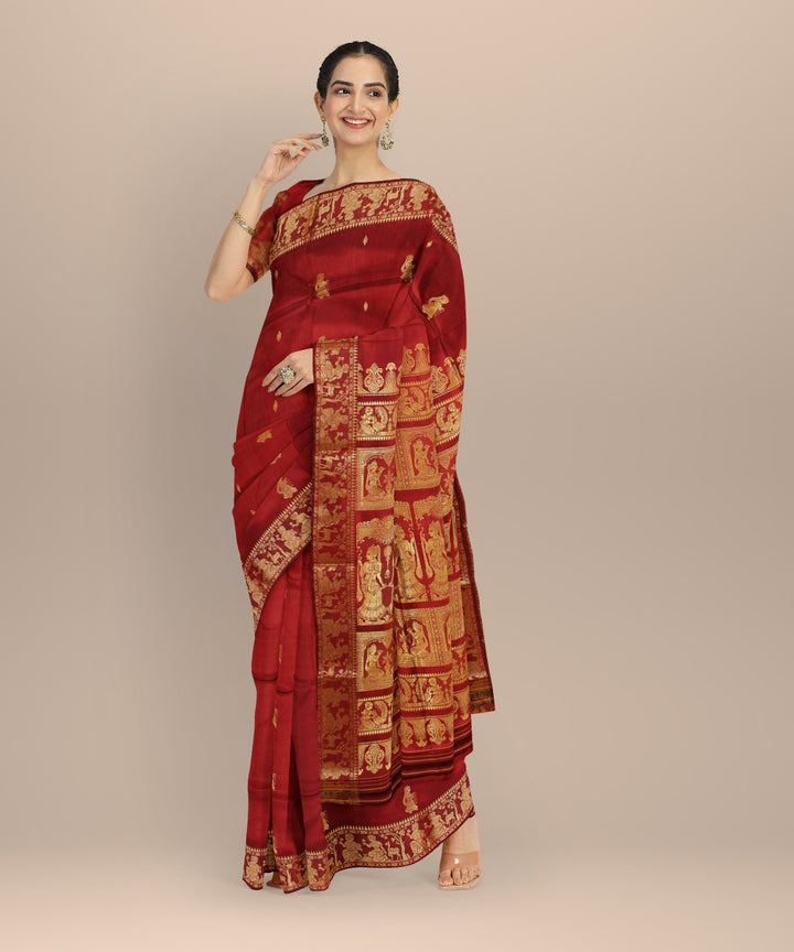 Dark red golden zari handwoven baluchari silk saree