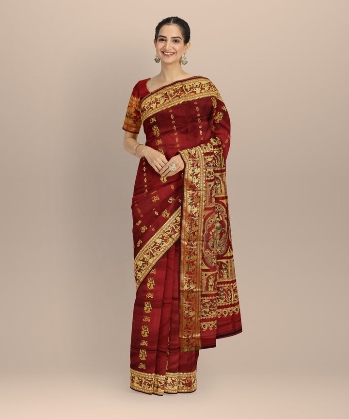 Maroon multicolor handwoven meenakari baluchari silk saree