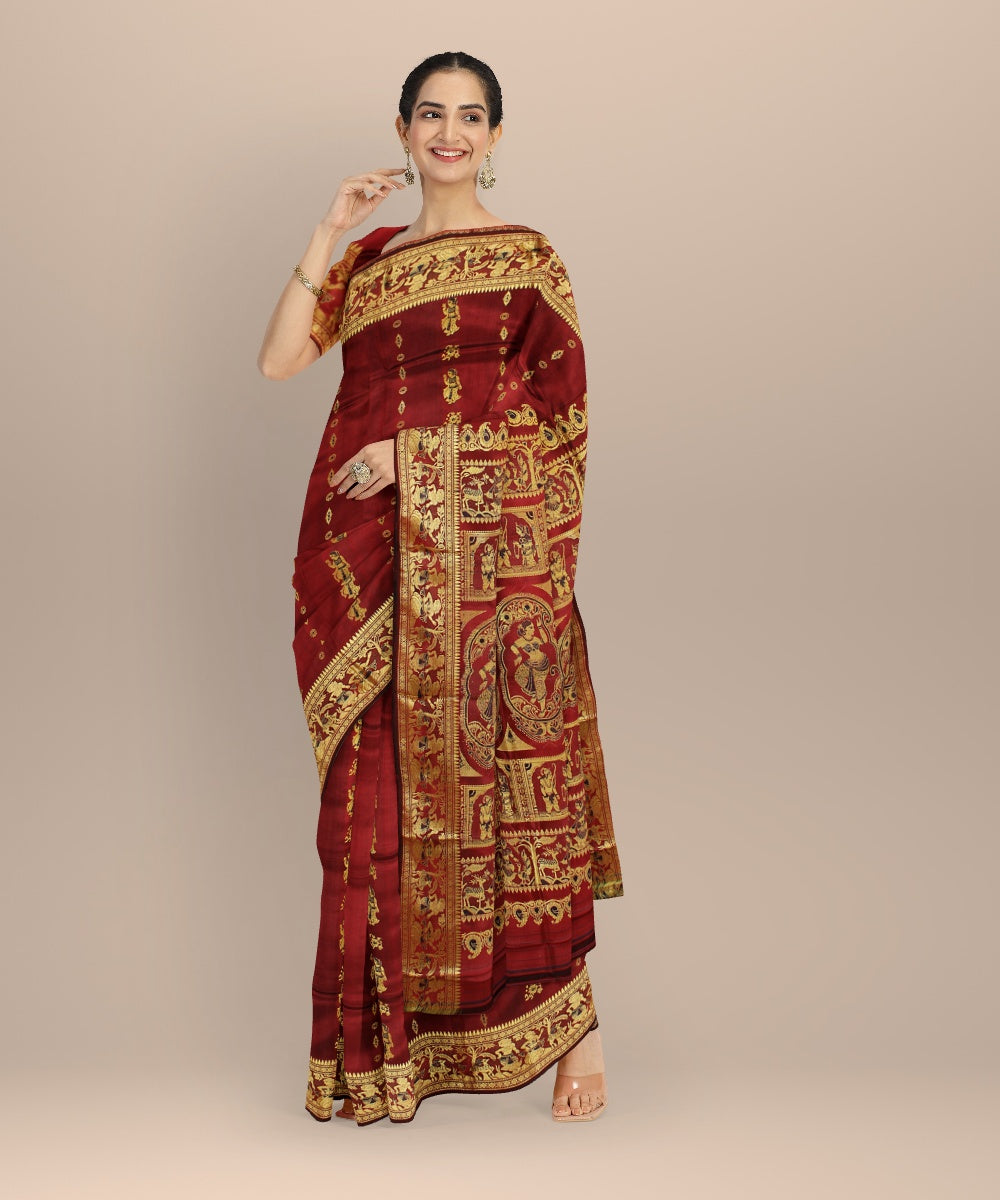 Maroon multicolor handwoven meenakari baluchari silk saree